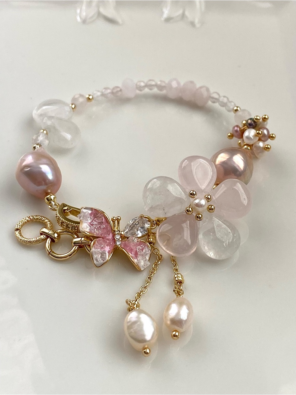 B178-Handmade Rose Quartz Flower And Pink Edsion Pearl Butterfly Bracelet - Picture 2 of 6